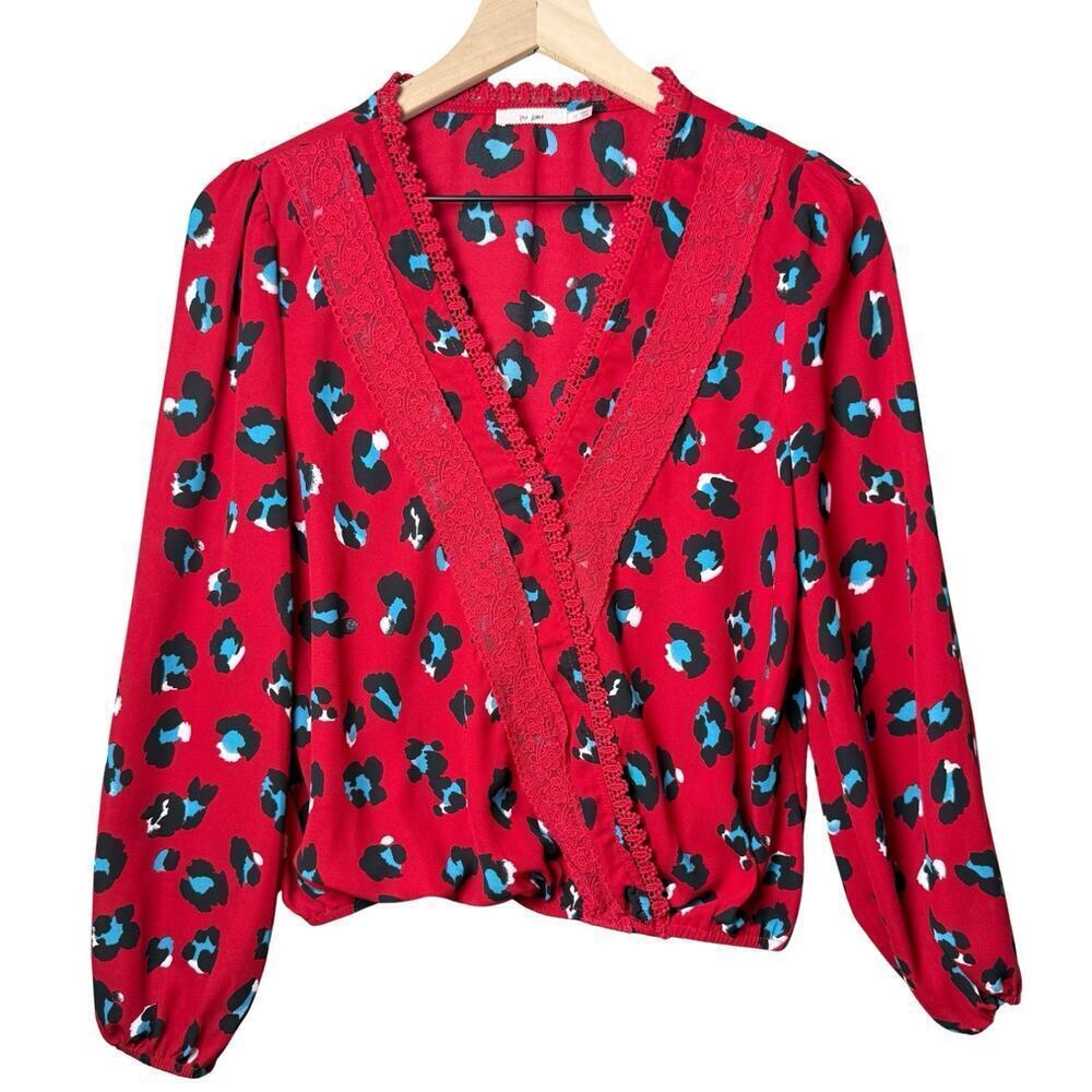 Mi Ami Blouse Red Blue Floral Long Sleeve V-Neck Lace Top Womens Size M